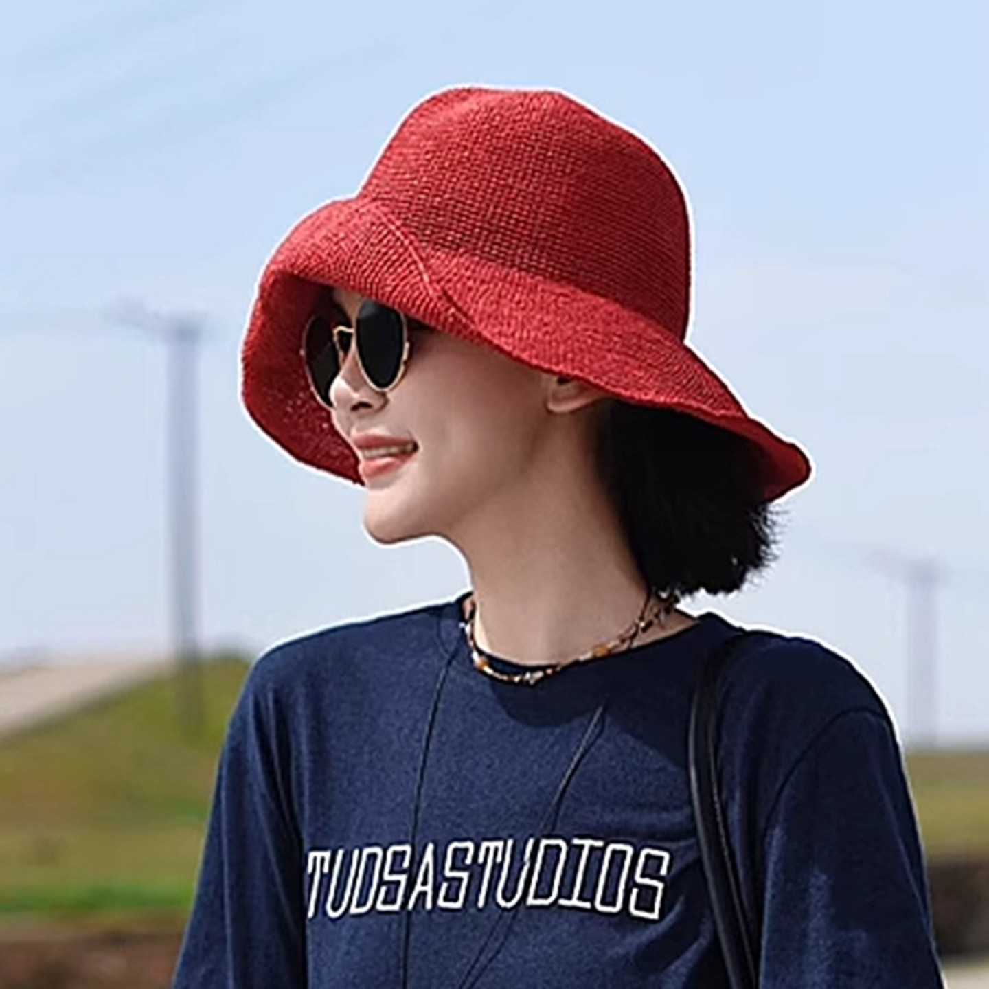 日系红色手工细钩针草帽夏季海边防晒帽大檐帽子女款渔夫帽遮阳帽