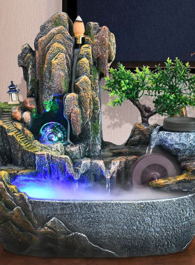 后古饰家假山流水喷泉摆件工艺品室内水车轮水景加湿器倒流香盆景