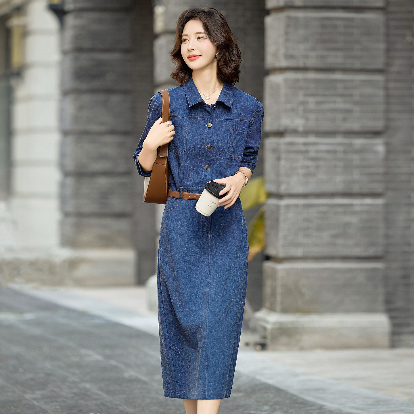 法国gentle motto法式减龄蓝色衬衫连衣裙女春秋新款收腰显瘦气质