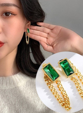 英国chrry koop年绿色流苏钛钢耳环气质高级感耳钉年新款潮耳饰