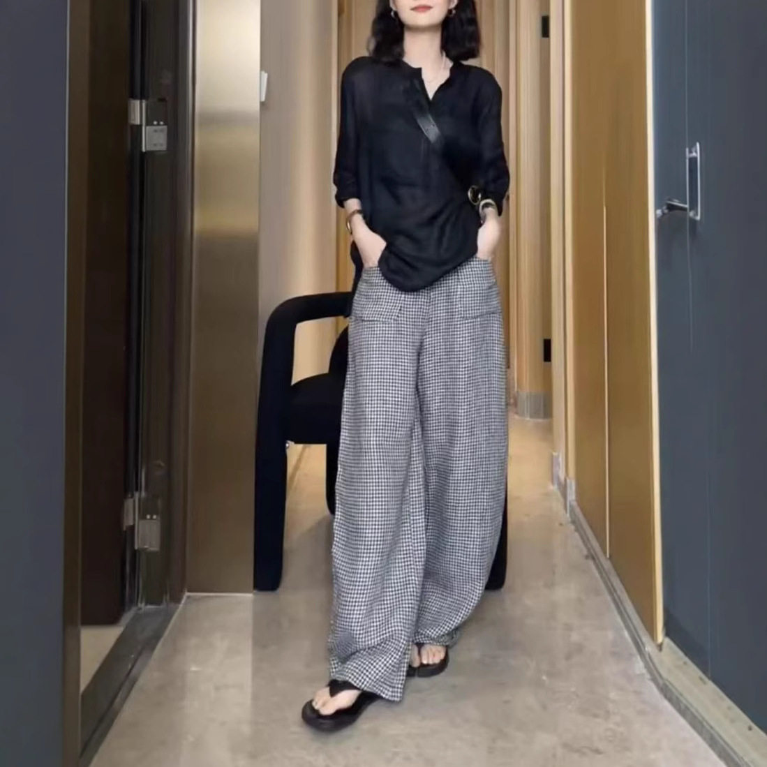 英国chrry koop春季新款法式薄款透气衬衫休闲格纹长裤女潮