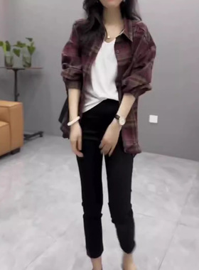 英国chrry koop秋季新款翻领格纹衬衫时尚黑色小脚裤女