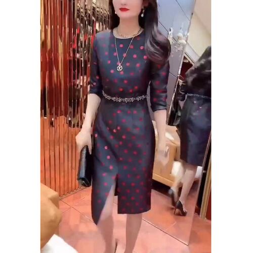 英国chrry koop新款圆点减龄连衣裙中长款开叉显瘦女裙