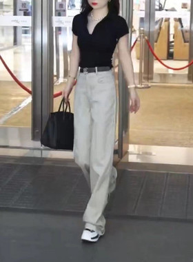 英国chrry koop夏季新款洋气直筒长裤时尚条纹阔腿女裤