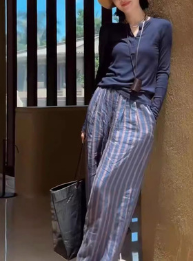 英国chrry koop新款显瘦长袖t恤高腰条纹休闲裤时尚女装