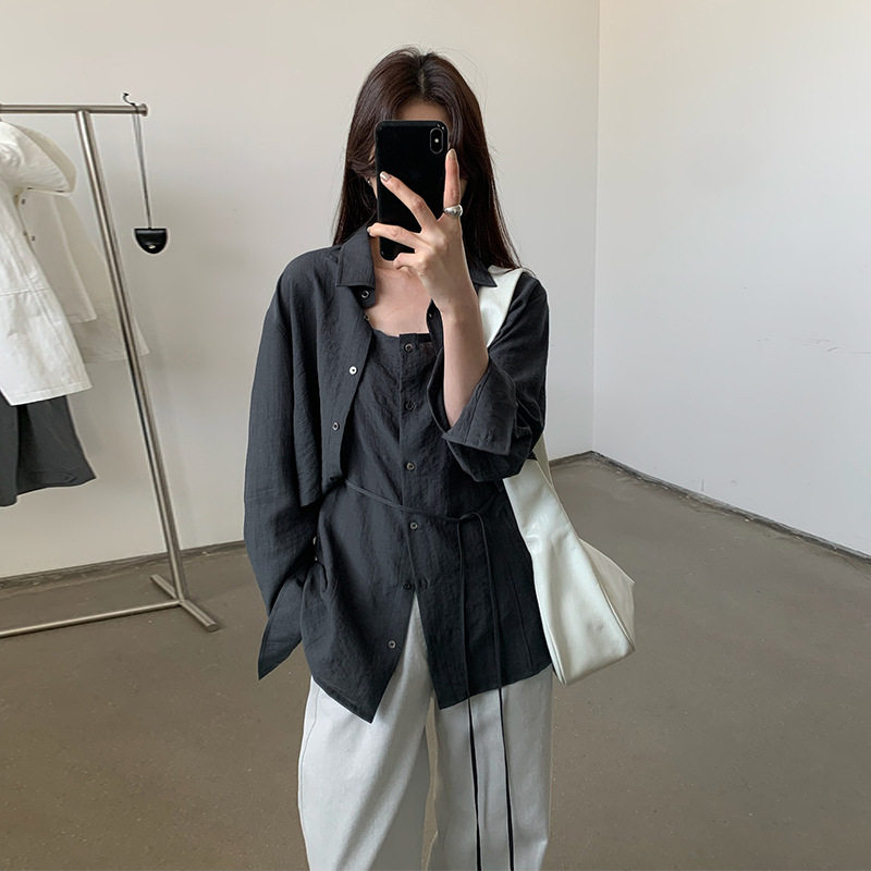 英国cherrykoko 小众层次感短衬衫内搭排扣长吊带两件套女早春
