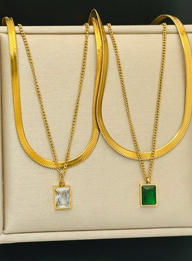 英国chrry koop绿色方形新款简约百搭款双层叠戴钛钢项链女夏轻