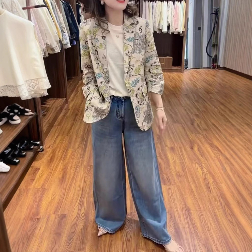 英国chrry koop春季新老钱风印花西服外套宽松牛仔裤显瘦女