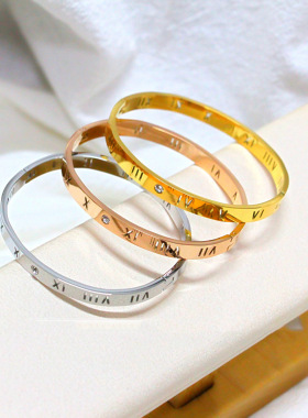 英国chrry koop镂空罗马闪亮欧美钛钢手镯女不掉色卡扣手环金色