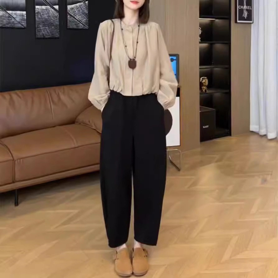 英国chrry koop秋季新高级感圆领长袖色衬衫宽松哈伦裤女