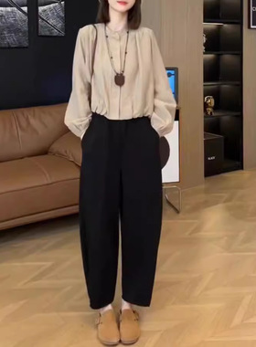 英国chrry koop秋季新高级感圆领长袖色衬衫宽松哈伦裤女