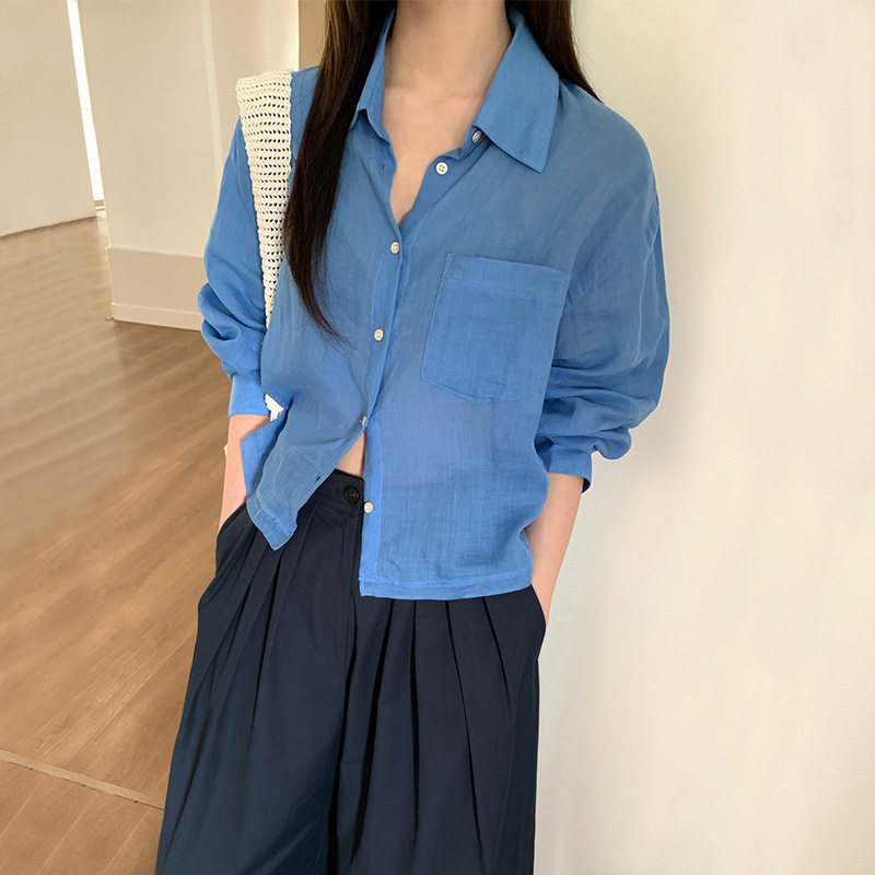 英国cherrykoko韩迅 薄款经典百搭亚麻衬衣女早秋纯色宽松系扣