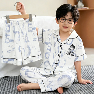 全棉纯棉夏季男童睡衣2026新款儿童云朵棉短袖长裤短裤三件套青少