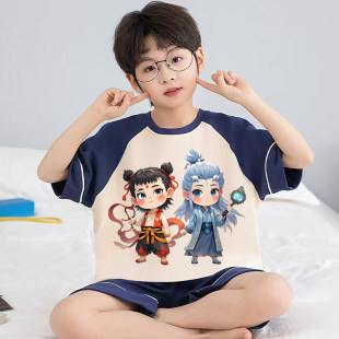 全棉纯棉2026夏季新款男童睡衣短袖短裤纯棉儿童男孩青少年大