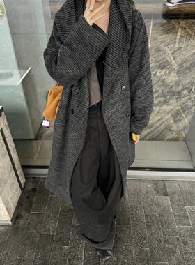 13311秋冬新款毛呢中长款双面尼大衣连帽灰色羊毛外套