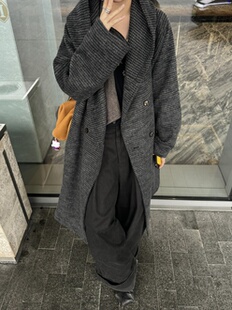 13311秋冬新款毛呢中长款双面尼大衣连帽灰色羊毛外套