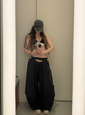 13311原创设计酵洗褶皱通勤低腰百搭宽松阔腿休闲黑色廓形弯刀裤