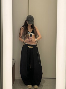 13311原创设计酵洗褶皱通勤低腰百搭宽松阔腿休闲黑色廓形弯刀裤