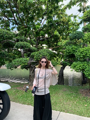 13311原创夏季轻薄微透杏色度假风慵懒长袖薄款罩衫圆领上衣