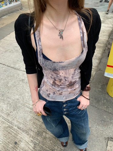 复古做旧印花坦克吊带背心女