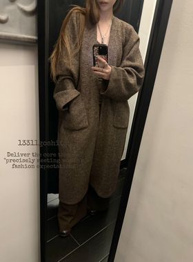 13311原创设计小众复古做旧毛呢外套女简约百搭时尚大衣长款棕色