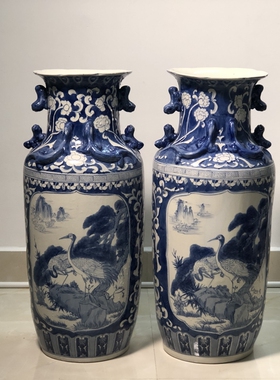 A釉下彩手绘青花大花瓶五彩罐 80年代出口库存龙窑老瓷器送老外