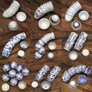 80年代出口库存柴窑老瓷器手绘釉下彩大口径手压杯茶杯酒杯送老外