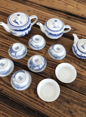 80年代原国营厂出口库存龙窑瓷器手绘青花人物茶壶杯子茶具主人杯