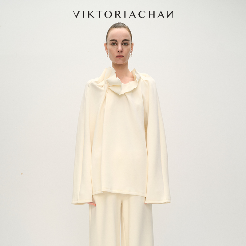 捏褶荷叶立领长袖上衣卫衣