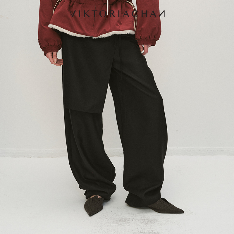 围帘拼接假两件阔腿直筒长裤