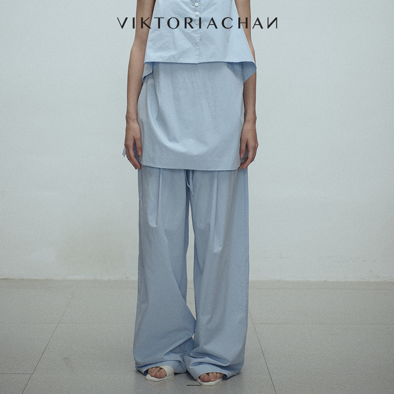 抽绳松紧腰打褶阔腿直筒休闲裤