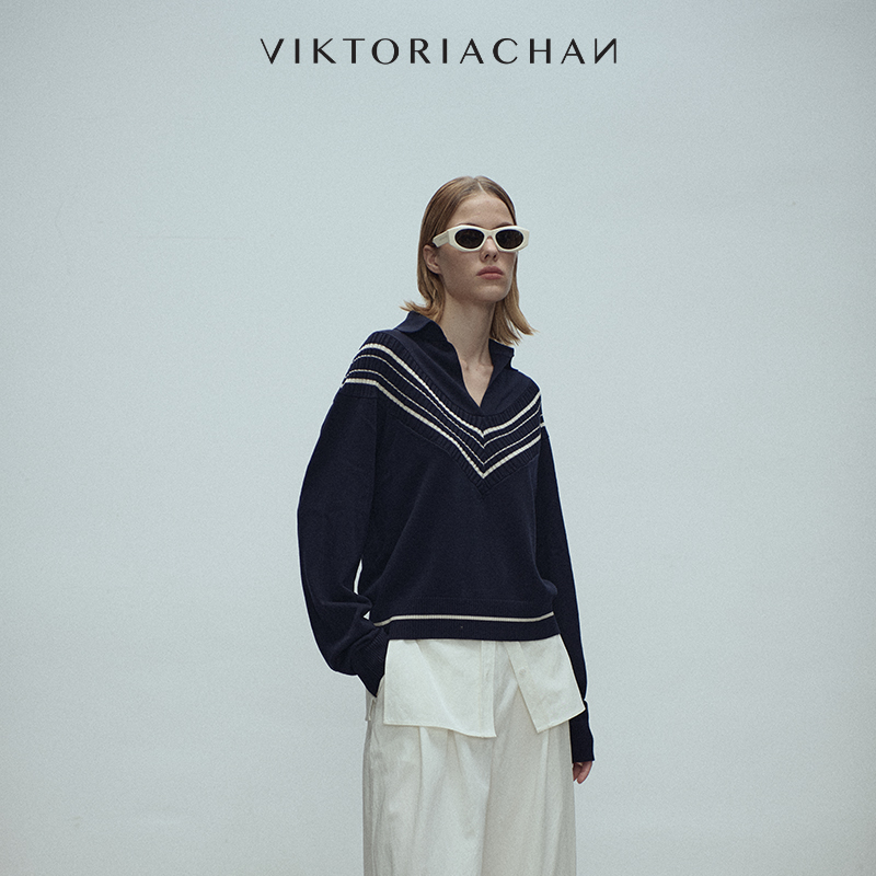 撞色V领长袖抽绳短裤针织套装