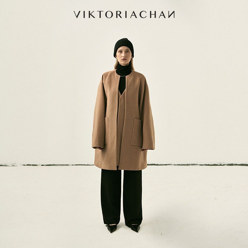VIKTORIACHAN秋冬 羊绒混纺新款假两件宽松外套中长款羊毛大衣女
