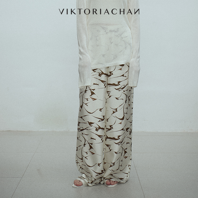 印花松紧腰宽松阔腿休闲长裤