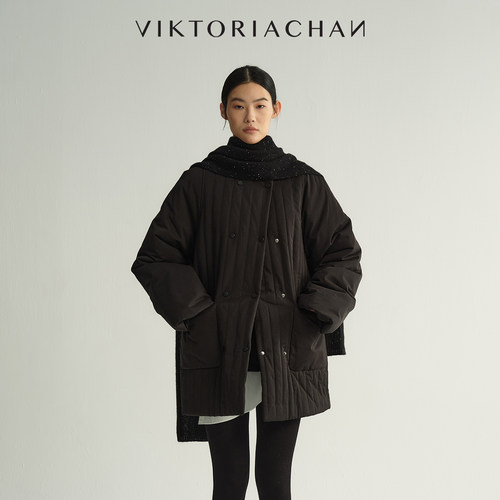 新品圆领竖条衍缝双排扣棉服外套