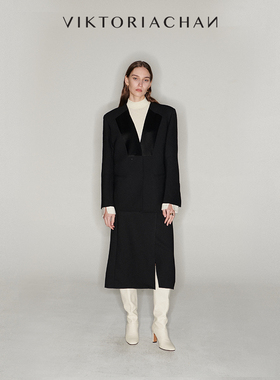 VIKTORIACHAN21/22秋冬成衣系列 黑色缎面拼接廓形结构西装外套