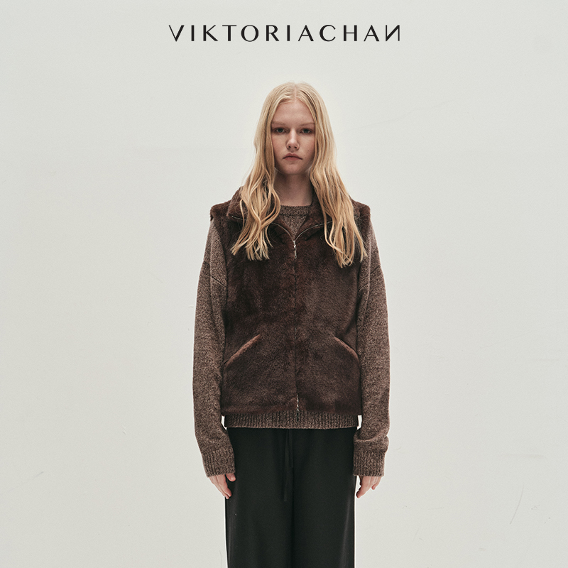 高领双拉链环保皮草马甲背心