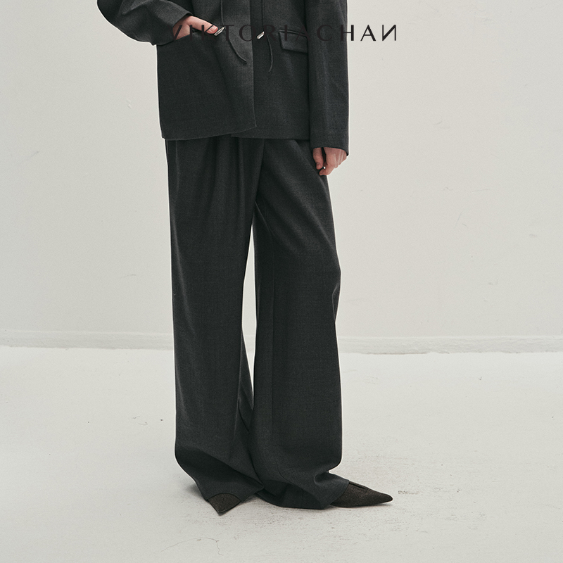 不对称斜褶设计高腰休闲长裤