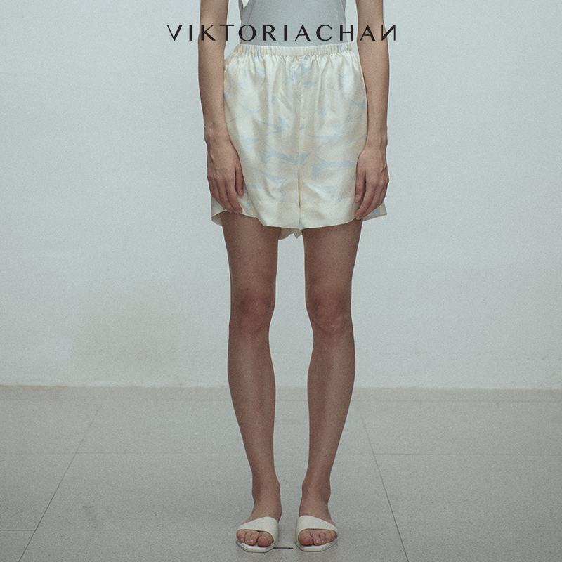 松紧腰宽松阔腿印花短裤