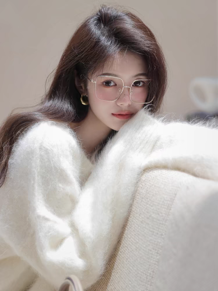 Mask毛衣女秋冬季中长款套头圆领宽松慵懒马海毛显瘦针织衫