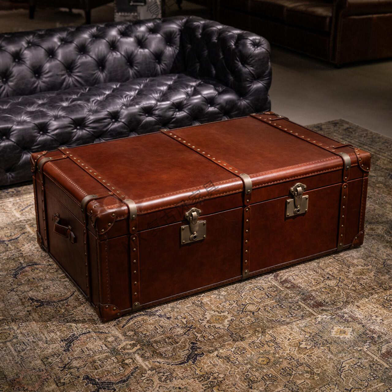 法式复古油蜡真皮茶几中古设计师存物咖啡桌箱子雪茄吧威士忌会所