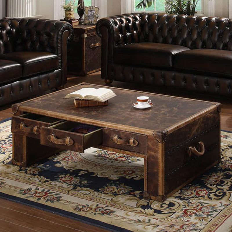 咖啡桌复古皮箱油蜡真皮桌美式别墅客厅雪茄吧会客室茶几做旧欧式