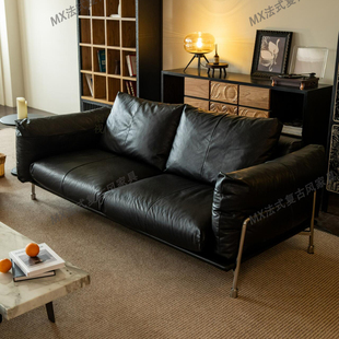 法式复古风小户型豪斯哈默沙发中古油蜡真皮设计师新款直排沙发