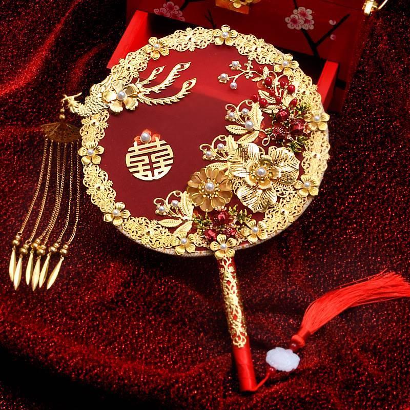 结婚婚礼红色团扇diy材料包新娘团秀禾服喜扇古风扇子中式手捧花