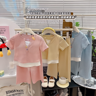 冰感夏日 女韩版 套头 女童 夏甜美套装 薄款 季 条纹针织假两件套装