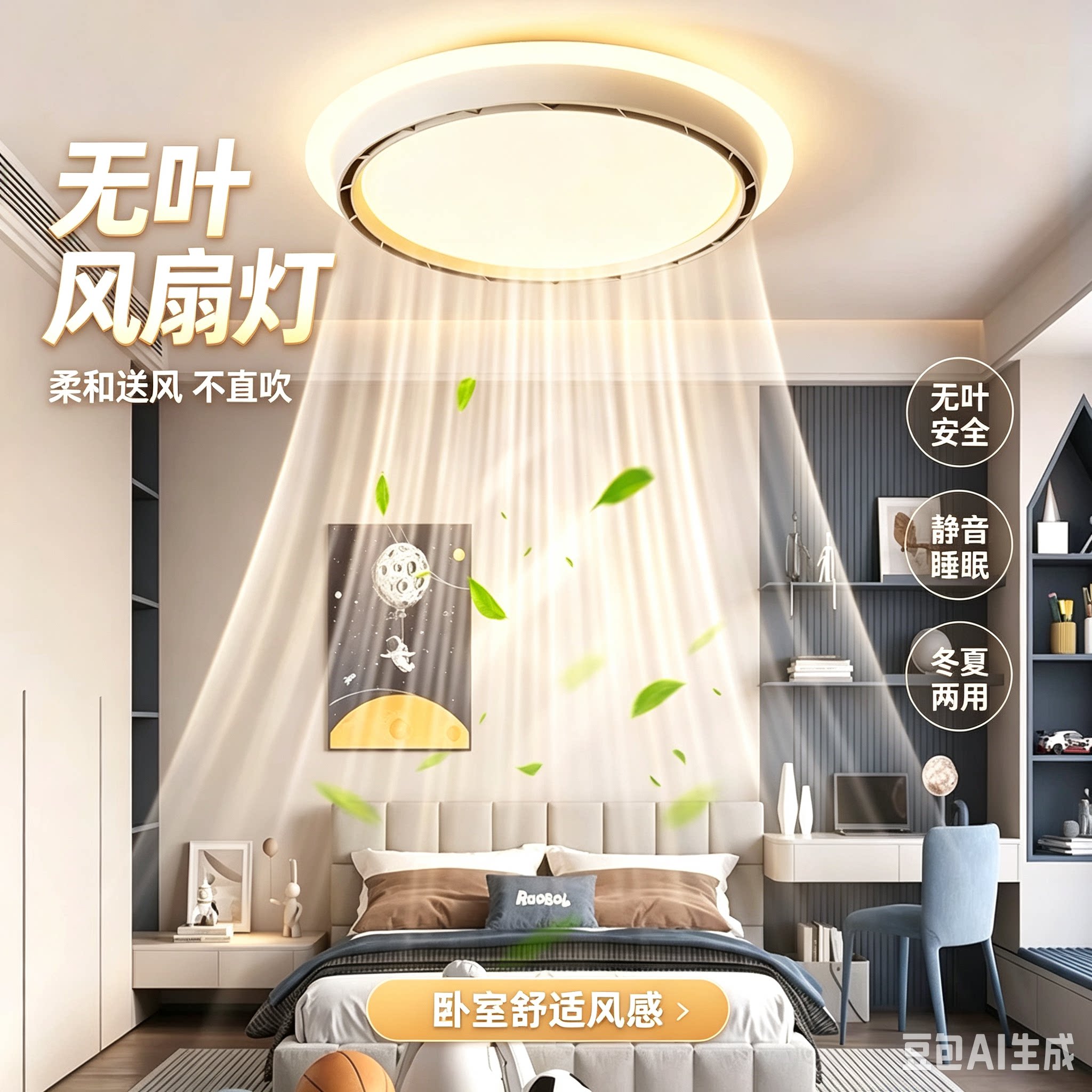 风扇灯无叶隐形智能离线语音带遥控卧室灯原木色110V吸顶灯具