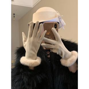 德绒手套女名媛风轻奢仿兔毛冬季加绒保暖防寒可触屏气质户外骑车