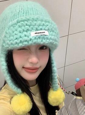 可爱绿色针织毛球护耳帽女秋冬季韩系飞行帽毛线帽保暖雷锋帽子潮