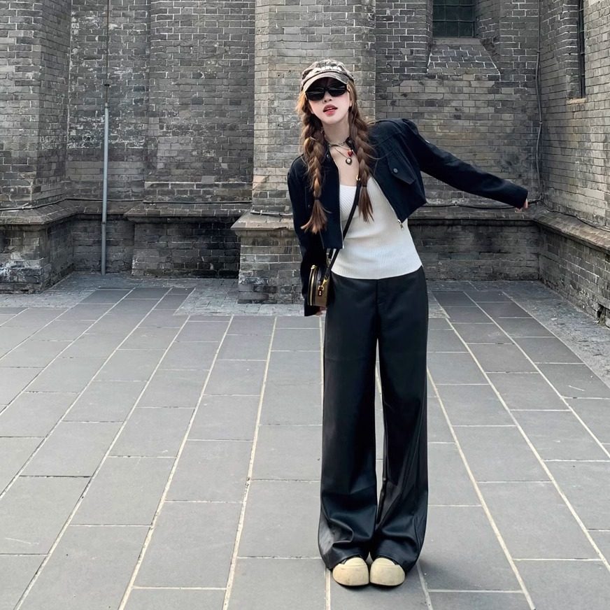 罗诚意【超模比例裤】秋季黑色直筒PU皮裤女宽松显瘦休闲百搭长裤,女装/女士精品,休闲裤,淘宝优惠券,粉丝福利购,淘宝优惠卷