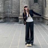 超模比例裤 秋季 黑色直筒PU皮裤 罗诚意 女宽松显瘦休闲百搭长裤